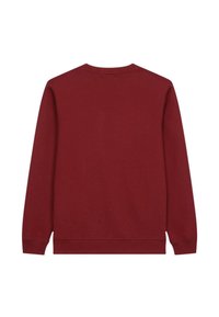 Bordowy sweatshirt z okrągłym dekoltem, długimi rękawami, prążkowanymi mankietami i dolną krawędzią. Miękka tkanina o gładkiej fakturze. Gładki tył.