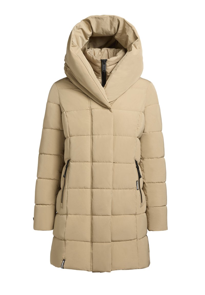 Beige Daunenjacke mit hohem, drapiertem Kragen und Reißverschluss. Verfügt über gesteppten Bereiche und seitliche Reißverschlusstaschen. Glattes, leichtes Material.