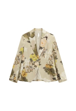 Blazer floreale beige, con fiori gialli e verdi, rever slim, due tasche frontali e chiusura con un solo bottone. Tessuto strutturato.