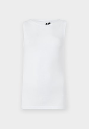 Witte mouwloze top van gladde stof, met een ronde halslijn en een aangesloten silhouet zonder zichtbare patronen of accenten.