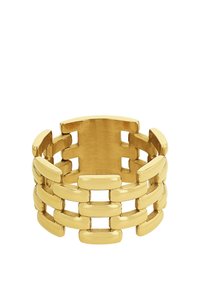Anello color oro con un design intrecciato, caratterizzato da forme rettangolari e ovali distribuite uniformemente, finitura liscia e struttura a banda aperta.