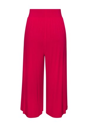 Bright red wide-leg cropped pants with elastic waistband, loose fit, and smooth fabric.