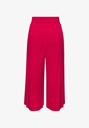 Bright red wide-leg cropped pants with elastic waistband, loose fit, and smooth fabric.
