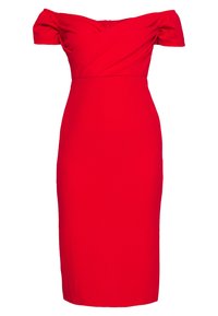 Robe rouge décolletée avec une silhouette ajustée, fabriquée à partir d'un tissu lisse. Présente un design croisé au niveau de la poitrine et une coupure au genou.