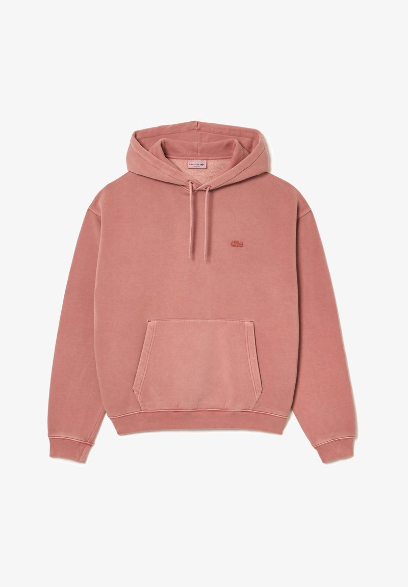 Sweat à capuche rose fané avec poche kangourou frontale et petit logo brodé sur le côté gauche de la poitrine.