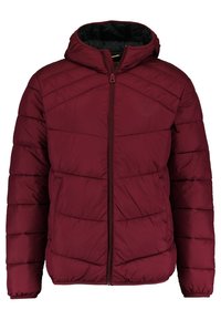 Burgundy puffjacka med huva, med diagonala sömmar, frontdragkedja och elastiska ärmslut. Insidan fodrad med kontrasterande mörkt tyg.