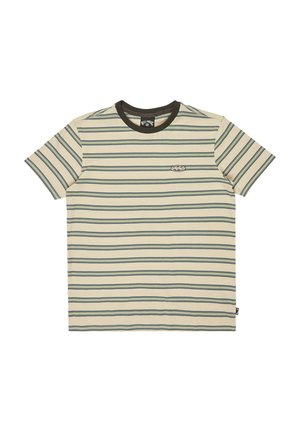 Cremefarvet t-shirt med korte ærmer, grønne og marineblå vandrette striber, en mørk krave og et lille logo på brystet. Blødt bomuldsstof.