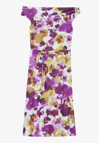 Schulterfreies Blumenmusterkleid in Lila-, Gelb- und Weißtönen. Leichter Stoff mit einem Bindegürtel in der Taille, fließende Silhouette.