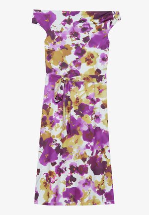 Af-shoulder blomsterkjole med lilla, gul og hvid nuancer. Letvægtsstof med et bindsnor i taljen, flydende silhuet.