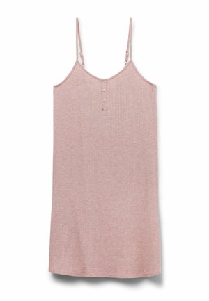 Light pink ribbed camisole with adjustable spaghetti straps and three-button closure at the neckline. Soft texture and relaxed fit.