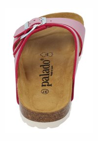 Infradito rosa e rossi con suola in sughero, design a doppia fascia, materiale in pelle e fibbia argentata. Soletta testurizzata con logo del marchio.