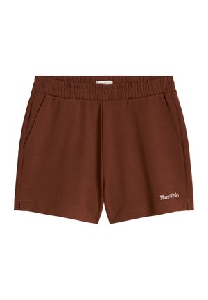 Braune Shorts mit elastischem Bund, Seitentaschen und kleinem "Marc O'Polo" Logo am unteren linken Bein.