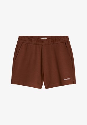 Brown elastic waist shorts with side pockets and small "Marc O'Polo" logo on the lower left leg.