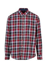 Karierte Hemdbluse in Rot, Blau und Weiß mit langen Ärmeln und einer Brusttasche, aus Baumwollstoff gefertigt, mit einem spitzen Kragen.