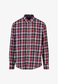 Camisa a cuadros en rojo, azul y blanco con botones, de manga larga y un bolsillo en el pecho, hecha de tela de algodón, con un cuello punta.