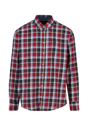 Punane, sinine ja valge ruuduline nööbid särk pikkade varrukatega ja rinnataskuga, valmistatud puuvillakangast, millel on terav krae.