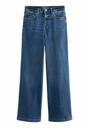 Jeans o szerokich nogawkach w ciemnoniebieskim kolorze, z wysokim stanem, pięcioma kieszeniami oraz subtelnym wyblaknięciem i kontrastowym przeszyciem.