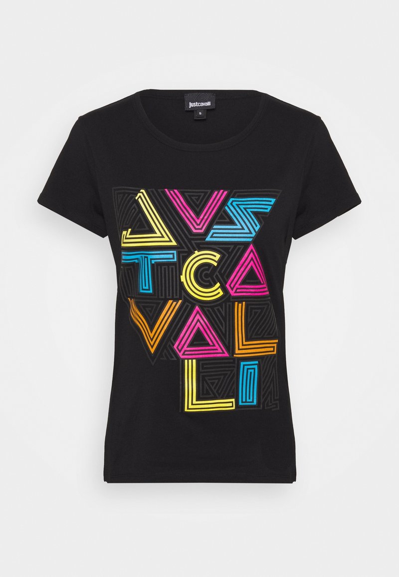 Černé bavlněné tričko s geometrickým vzorem v modré, růžové, žluté a oranžové barvě na přední straně. Kulatý výstřih a krátké rukávy.