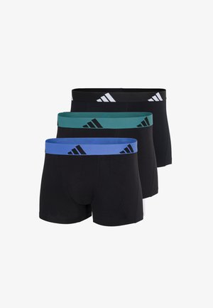 Confezione da tre boxer in nero, verde e blu. Ognuno presenta una fascia elastica a contrasto con il logo Adidas e le strisce.