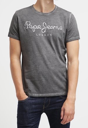 Gray cotton t-shirt featuring the "Pepe Jeans London" logo in light gray script across the chest, round neckline, and short sleeves.