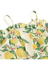 Tessuto con motivo a limoni su sfondo giallo chiaro. Presenta uno scollo arricciato e sottili spalline. Foglie verde brillante e accenti rosa sono presenti.