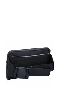 Marsupio in tessuto nero con tracolla regolabile, scomparto principale con cerniera e dettagli riflettenti. Presenta un design elegante e rettangolare.