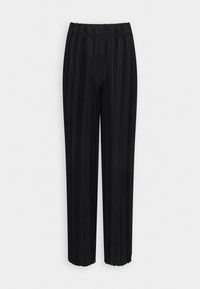 Svarta veckade raka byxor med elastisk midja, visade mot en enkel vit bakgrund.