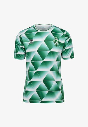 Grøn kortærmet trøje med et geometrisk diamantmønster og hvide accenter. Lavet af lette, åndbare materialer. Hummel-logoet er til stede.