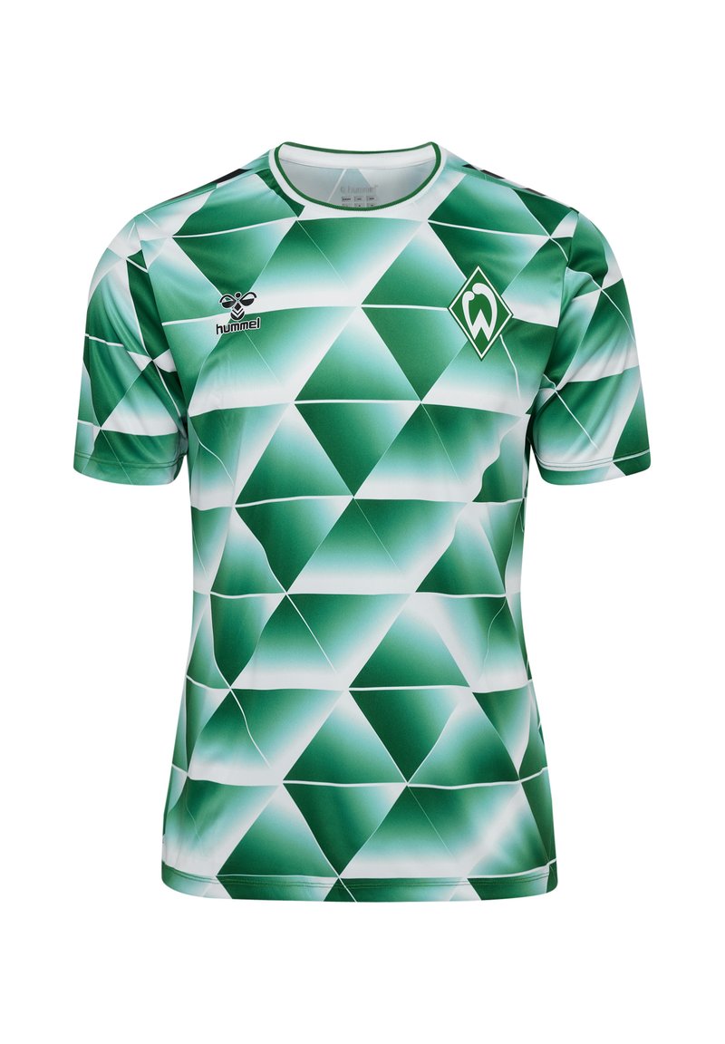 Grön kortärmad tröja med ett geometriskt diamantmönster och vita accenter. Tillverkad av lätt och andningsbart material. Hummel-logotyk finns närvarande.