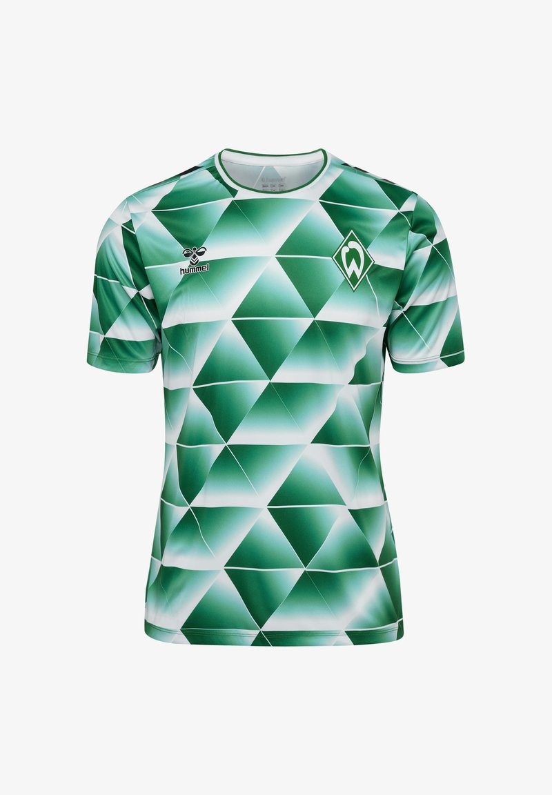 Grön kortärmad tröja med ett geometriskt diamantmönster och vita accenter. Tillverkad av lätt och andningsbart material. Hummel-logotyk finns närvarande.