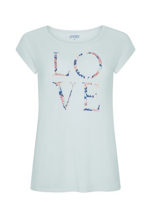 Hellblaues kurzärmliges T-Shirt mit dem Wort "LIEBE" in Großbuchstaben und floralem Muster, runder Ausschnitt und lockere Passform.