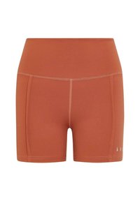 Rustkleurige sportshorts met een hoge tailleband, gladde textuur en platlock-naden. Subtiele logo-details aan de zijkant.