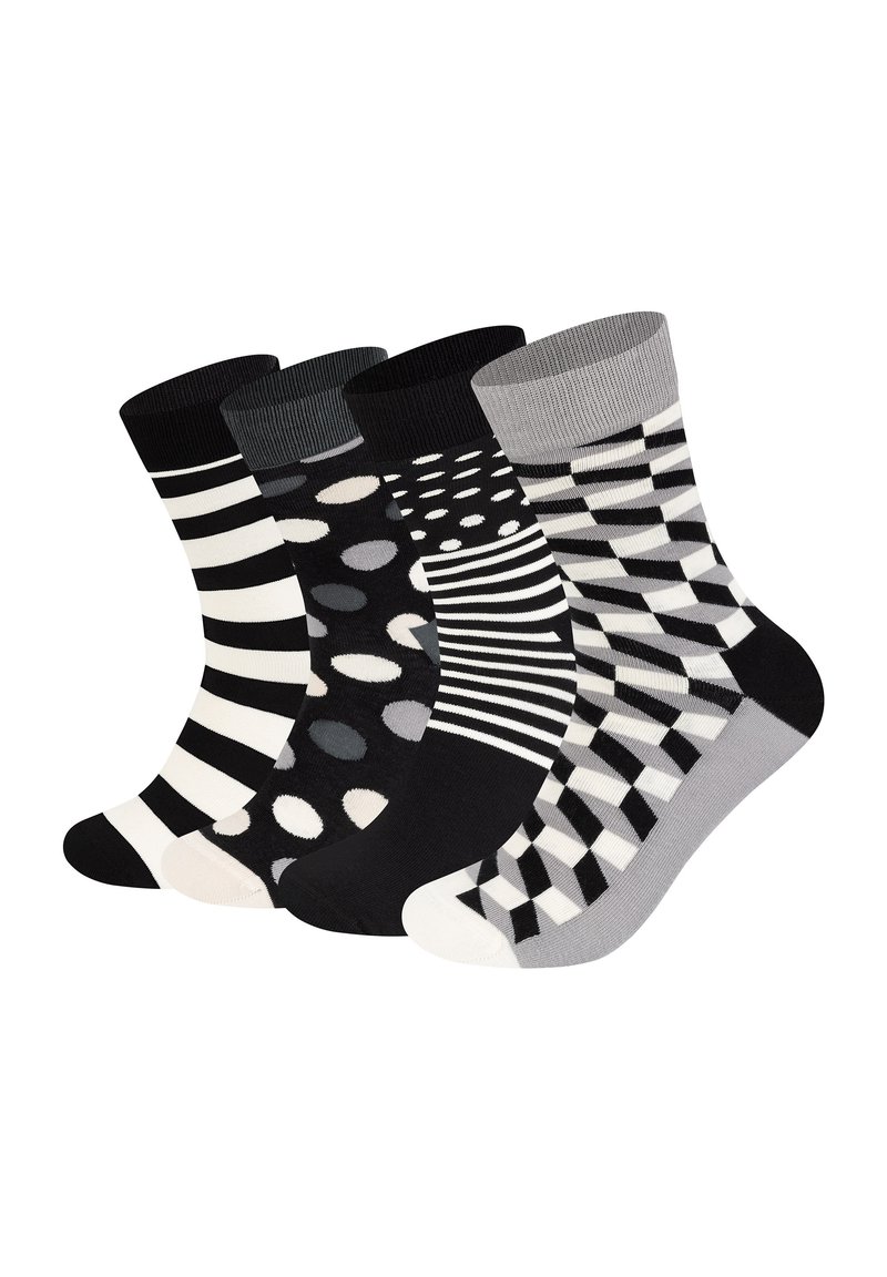 Ensemble de quatre paires de chaussettes avec des motifs : rayures, pois, lignes ondulées et carreaux dans des couleurs noir, gris et blanc. Matière en mélange de coton.