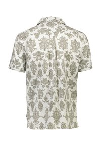 Korte mouwen shirt van witte stof met ingewikkelde grijze bloemen- en paisleypatronen, voorzien van een klassieke kraag en een rugplooie voor extra gemak.
