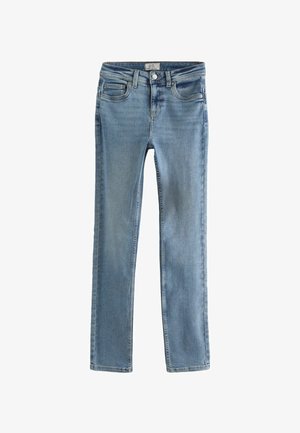 Jasnoniebieskie dżinsy o prostym kroju nogawki, pięć kieszeni, z subtelnym przetarciem. Posiadają zapięcie na guzik i szlufki na pasek.