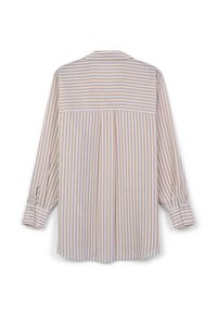 Camicia a maniche lunghe beige a righe con strisce verticali bianche, polsini con bottoni e un design sul retro plissettato. Tessuto di cotone con colletto.