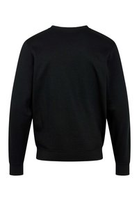 Sort langærmet sweatshirt med rund hals og ribkanter ved ærmer og forneden, vist bagfra på hvid baggrund.