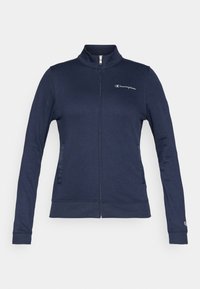 Μπλε ναυτικό μπουφάν με φερμουάρ, κατασκευασμένο από ομαλό ύφασμα με ψηλό γιακά, διαθέτει πλαϊνές τσέπες και μικρό κεντητό λογότυπο Champion στο στήθος.