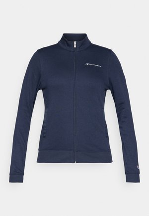 Navyblauer Reißverschluss-Pullover aus glattem Stoff mit hohem Kragen, ausgestattet mit Seiten Taschen und einem kleinen, auf der Brust gestickten Champion-Logo.