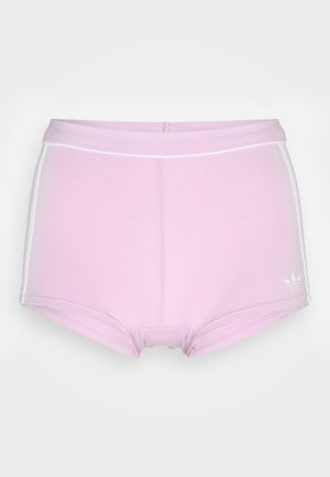 Világos rózsaszín nadrág rövidnadrág fehér szegéllyel, puha anyagból készült. A jobb alsó sarokban fehér logó található, valamint magas derékú fazon.