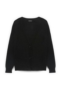 Cardigan nero con motivo a maglia testurizzata, scollo a V e quattro bottoni neri sul davanti. Presenta maniche lunghe leggermente gonfie.