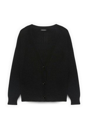 Cardigan nero con motivo a maglia testurizzata, scollo a V e quattro bottoni neri sul davanti. Presenta maniche lunghe leggermente gonfie.