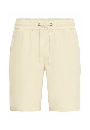 Beige shorts with an elastic waistband, drawstring closure, and side pockets. Soft texture, above-knee length, and no visible patterns.