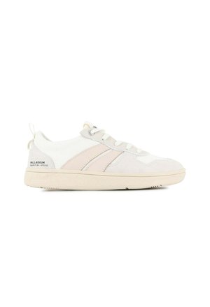 Witte en beige casual sneakers van textiel en suede, met een laag profiel, ronde neus, vetersluiting en een gestructureerde rubberen zool.