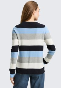 Gestreifter Strickpullover in Blau-, Grau-, Weiß- und Marineblau-Tönen; mit langen Ärmeln und Rundhalsausschnitt. Standardpassform, weiche Textur.