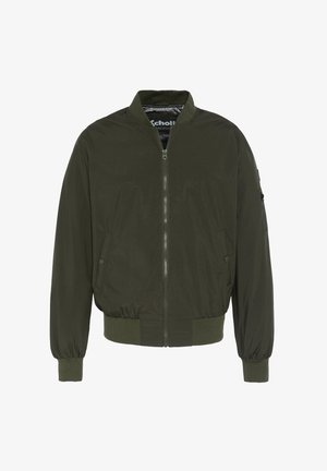 Chaqueta bomber verde fabricada en tejido suave, con cierre de cremallera frontal, puños y cintura acanalados, y bolsillos laterales. Diseño minimalista sin patrones.