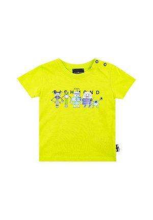 Maglietta giallo brillante per bambini con cinque personaggi robot colorati e il testo "John Hammond" sul davanti, con bottoni automatici sulle spalle.
