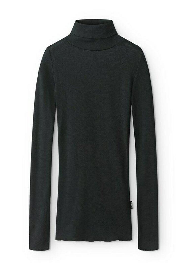 Svart långärmad polotröja i mjukt tyg med en figurnära design, som har en hög hals och en subtil textur.