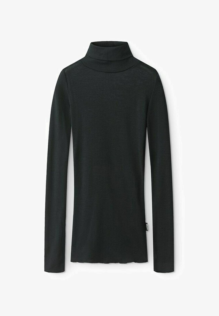 Maglietta nera a maniche lunghe con colletto alto, realizzata in tessuto morbido e dal design aderente, caratterizzata da un collo alto e una leggera texture.