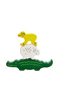 Wooden toy with green crocodile base, white sheep in the middle, and yellow monkey on top. Notable features include painted details and textures.